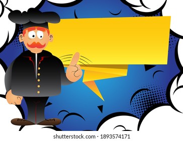 Fat male cartoon chef in uniform saying no with his finger. Vector illustration.