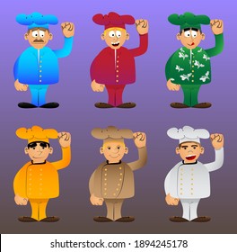 Fat male cartoon chef in uniform making power to the people fist gesture. Vector illustration.