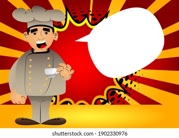 Fat male cartoon chef in uniform drinking coffee. Vector illustration.