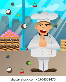 Fat male cartoon chef in uniform with praying hands. Vector illustration of a baker or cook begging to god.