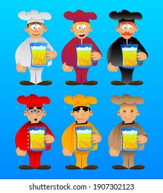 Fat male cartoon chef in uniform drinking beer. Vector illustration. Cook with a big glass of alcoholic beverages.