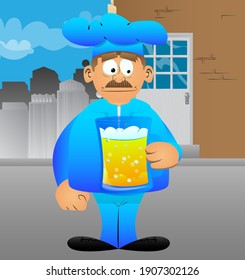 Fat male cartoon chef in uniform drinking beer. Vector illustration. Cook with a big glass of alcoholic beverages.