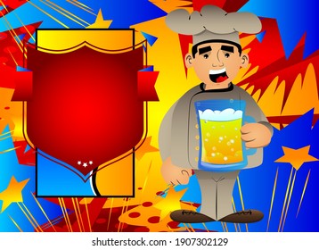 Fat male cartoon chef in uniform drinking beer. Vector illustration. Cook with a big glass of alcoholic beverages.