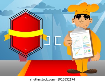 Fat male cartoon chef in uniform shows finance report. Vector illustration. Cook showing diagrams, charts.