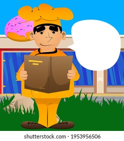 Fat male cartoon chef in uniform reading a book, holding a menu. Vector illustration.