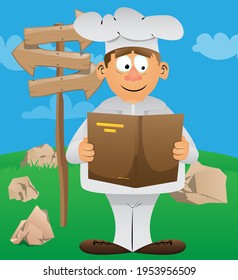Fat male cartoon chef in uniform reading a book, holding a menu. Vector illustration.