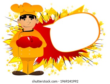 Fat male cartoon chef in uniform holding his fists in front of him ready to fight wearing boxing gloves. Vector illustration.