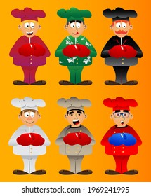 Fat male cartoon chef in uniform holding his fists in front of him ready to fight wearing boxing gloves. Vector illustration.