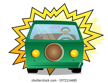 Fat male cartoon chef in uniform driving a van, holding a steering wheel. Vector illustration.