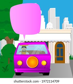 Fat male cartoon chef in uniform driving a van, holding a steering wheel. Vector illustration.