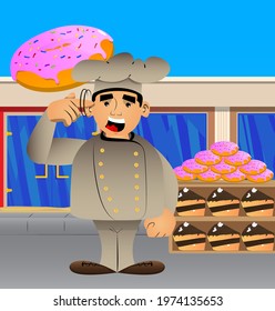 Fat male cartoon chef in uniform shows a you're nuts gesture by twisting his finger around his temple. Vector illustration.