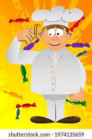 Fat male cartoon chef in uniform shows a you're nuts gesture by twisting his finger around his temple. Vector illustration.