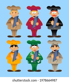 Fat male cartoon chef in uniform writing on a books cover. Vector illustration. Cook with a notebook taking notes.