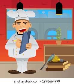 Fat male cartoon chef in uniform writing on a books cover. Vector illustration. Cook with a notebook taking notes.