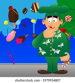 Fat male cartoon chef in uniform thinking with hands under his mouth. Vector illustration. Cook, baker, man working in the food industry.