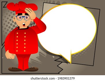 Fat male cartoon chef in uniform placing hand on head. Vector illustration. Cook with problems thinking on solutions.