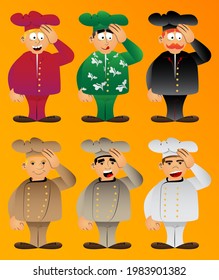 Fat male cartoon chef in uniform placing hand on head. Vector illustration. Cook with problems thinking on solutions.