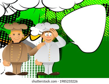 Fat male cartoon chef in uniform comforting another. Vector illustration. Cook consoling his partner.