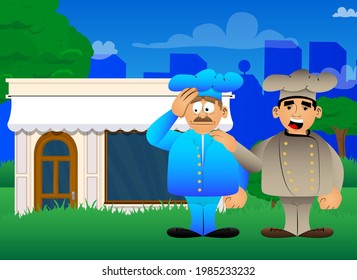 Fat male cartoon chef in uniform comforting another. Vector illustration. Cook consoling his partner.