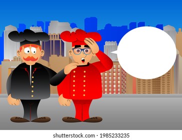 Fat male cartoon chef in uniform comforting another. Vector illustration. Cook consoling his partner.