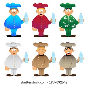 Fat male cartoon chef in uniform holding a glass of water. Vector illustration. Cook or baker with  a bottle.