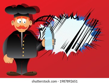 Fat male cartoon chef in uniform holding a glass of water. Vector illustration. Cook or baker with  a bottle.