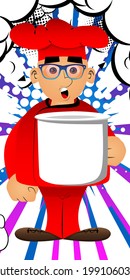Fat male cartoon chef in uniform holding big mug. Vector illustration. Cook or baker with a huge cup.