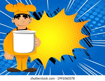 Fat male cartoon chef in uniform holding big mug. Vector illustration. Cook or baker with a huge cup.