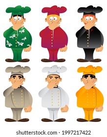Fat male cartoon chef in uniform holding his nose because of a bad smell. Vector illustration.