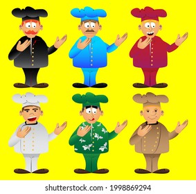 Fat male cartoon chef in uniform showing something with both hands, powerful hand gesture. Vector illustration.