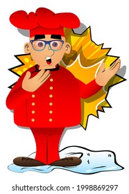 Fat male cartoon chef in uniform showing something with both hands, powerful hand gesture. Vector illustration.