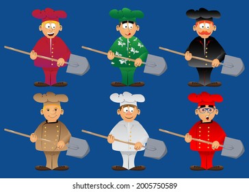 Fat male cartoon chef in uniform holding a shovel. Vector illustration. Cook ready to dig.
