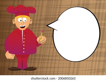 Fat male cartoon chef in uniform writing with pencil. Vector illustration.