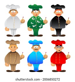 Fat male cartoon chef in uniform writing with pencil. Vector illustration.