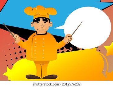 Fat male cartoon chef in uniform as an orchestra conductor. Vector illustration. Bake, cook having fun.