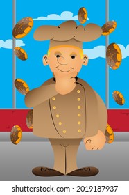 Fat male cartoon chef in uniform thinking. Vector illustration. Uncertain cook, baker.