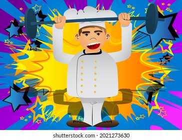 Fat male cartoon chef in uniform as a weightlifter lifting barbell. Vector illustration.