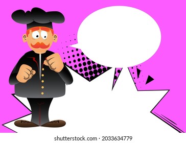 Fat male cartoon chef in uniform holding his fists in front of him ready to fight. Vector illustration.