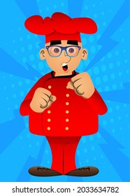 Fat male cartoon chef in uniform holding his fists in front of him ready to fight. Vector illustration.