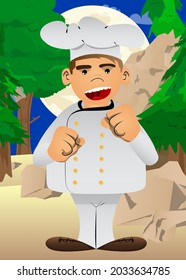 Fat male cartoon chef in uniform holding his fists in front of him ready to fight. Vector illustration.