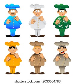 Fat male cartoon chef in uniform holding his fists in front of him ready to fight. Vector illustration.