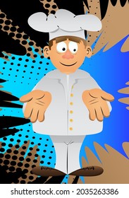 Fat male cartoon chef in uniform showing something with both hands or expressing don't know gesture. Vector illustration.