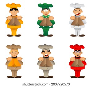 Fat male cartoon chef in uniform reading book and hiding behind it. Vector illustration.