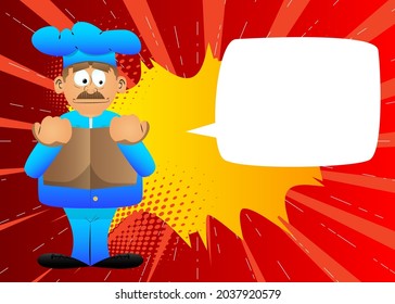 Fat male cartoon chef in uniform reading book and hiding behind it. Vector illustration.