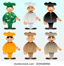Fat male cartoon chef in uniform giving a hand. Vector illustration. Cook greeting you.