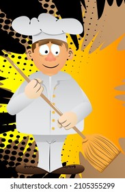 Fat male cartoon chef in uniform holding a broom. Vector illustration.