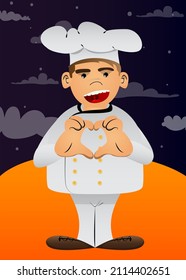 Fat male cartoon chef in uniform with heart shape hand gesture. Vector illustration.