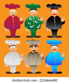 Fat male cartoon chef in uniform with inviting hand sign, to come here expression. Vector illustration.