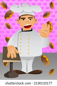 Fat male cartoon chef in uniform raising his hand and put the other on a holy book. Vector illustration.