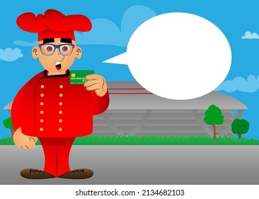 Fat male cartoon chef in uniform holding credit card. Vector illustration.